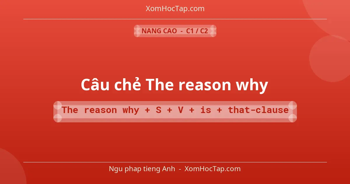 Ngu phap tieng Anh: Câu chẻ The reason why - Cong thuc: The reason why + S + V + is + that-clause