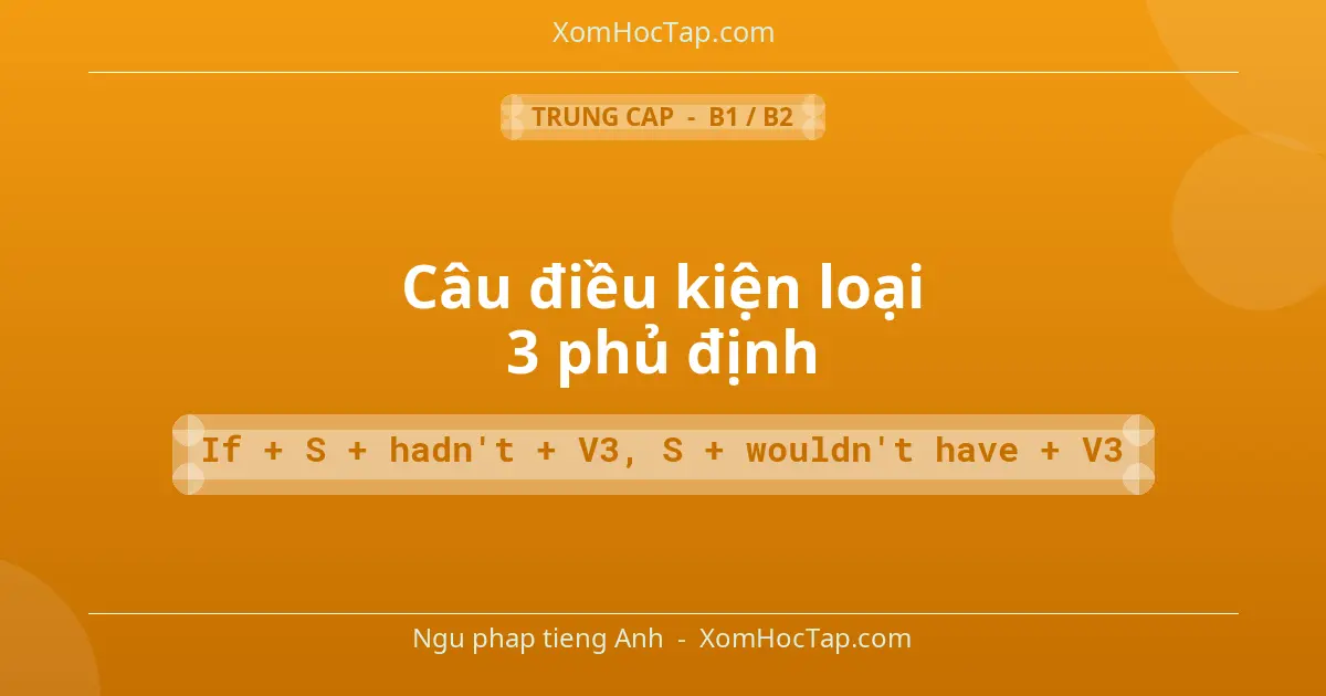 Ngu phap tieng Anh: Câu điều kiện loại 3 phủ định - Cong thuc: If + S + hadn't + V3, S + wouldn't have + V3