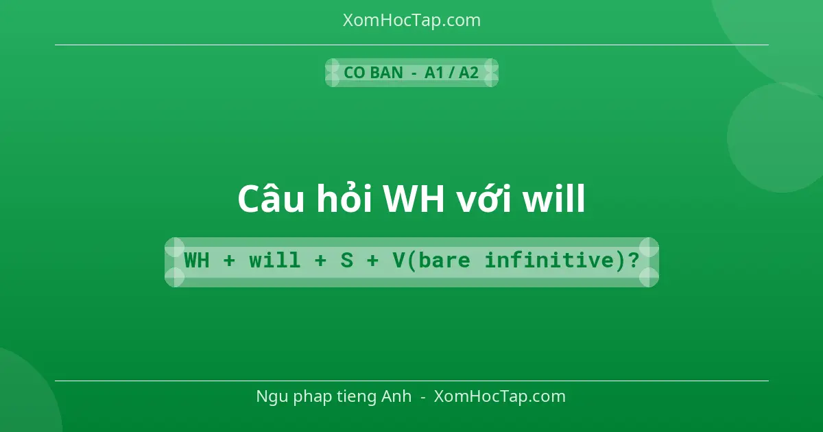 Ngu phap tieng Anh: Câu hỏi WH với will - Cong thuc: WH + will + S + V(bare infinitive)?