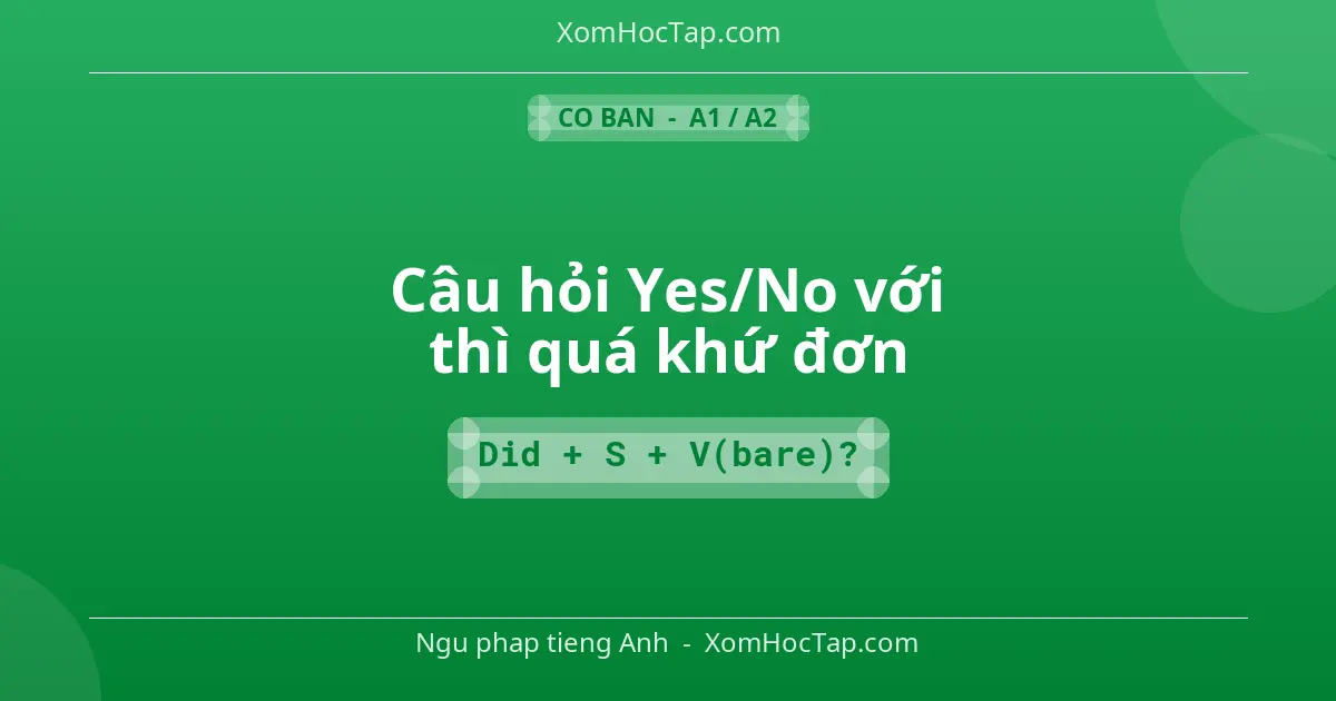 Ngu phap tieng Anh: Câu hỏi Yes/No với thì quá khứ đơn - Cong thuc: Did + S + V(bare)?