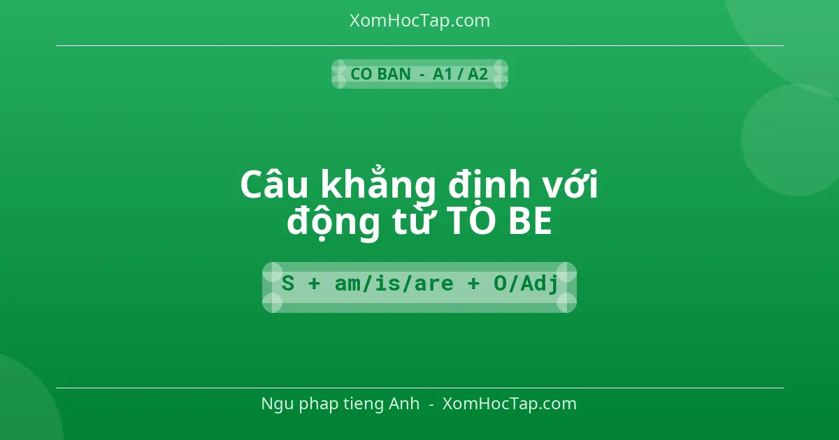Ngu phap tieng Anh: Câu khẳng định với động từ TO BE - Cong thuc: S + am/is/are + O/Adj