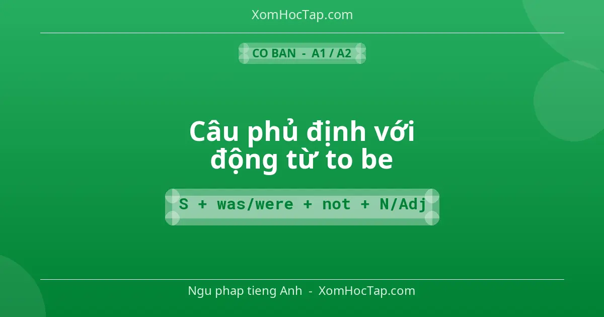 Ngu phap tieng Anh: Câu phủ định với động từ to be - Cong thuc: S + was/were + not + N/Adj