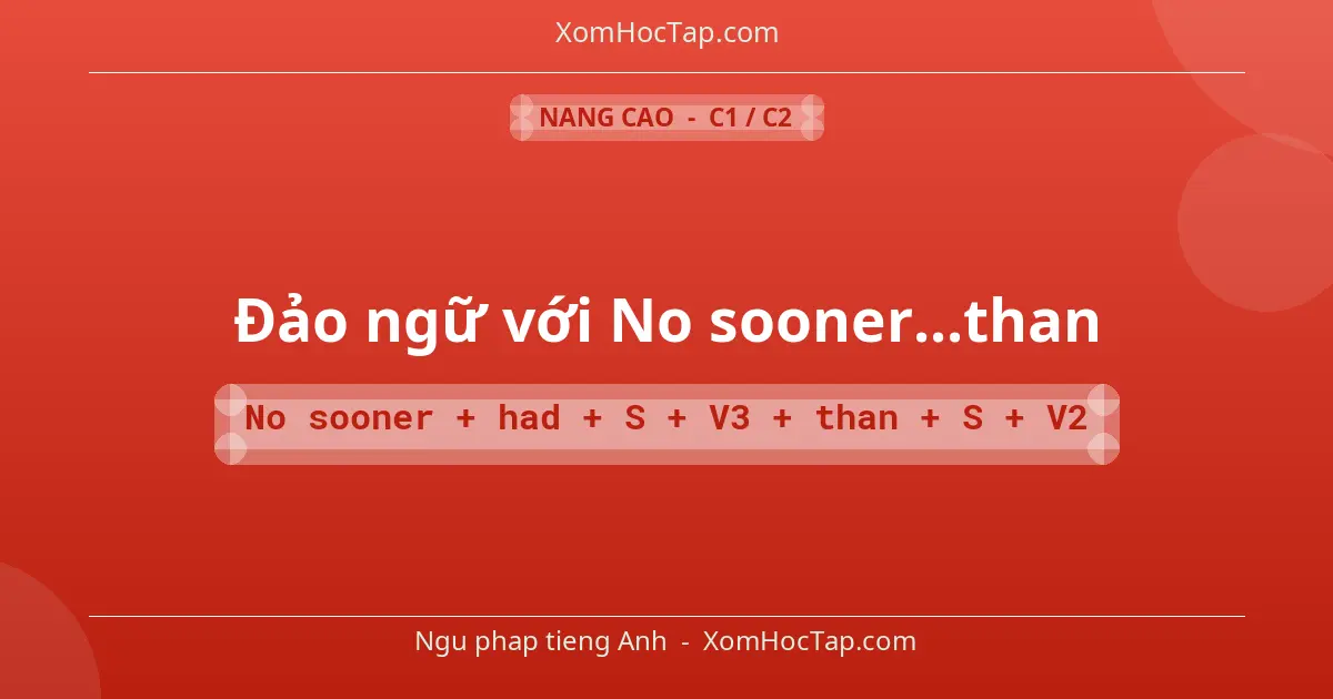 Ngu phap tieng Anh: Đảo ngữ với No sooner...than - Cong thuc: No sooner + had + S + V3 + than + S + V2