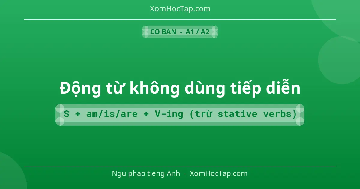 Ngu phap tieng Anh: Động từ không dùng tiếp diễn - Cong thuc: S + am/is/are + V-ing (trừ stative verbs)