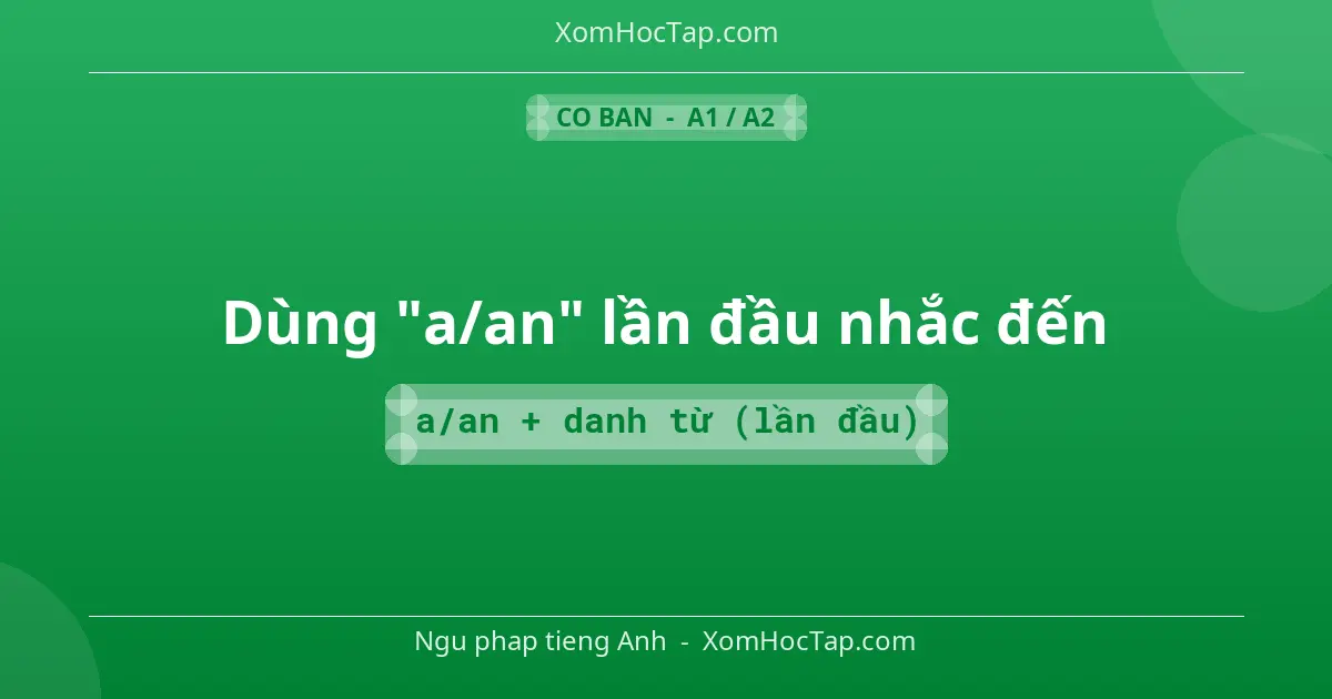 Ngu phap tieng Anh: Dùng "a/an" lần đầu nhắc đến - Cong thuc: a/an + danh từ (lần đầu)