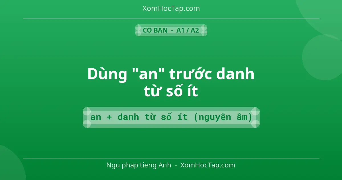 Ngu phap tieng Anh: Dùng "an" trước danh từ số ít - Cong thuc: an + danh từ số ít (nguyên âm)
