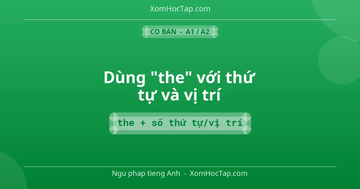 Ngu phap tieng Anh: Dùng "the" với thứ tự và vị trí - Cong thuc: the + số thứ tự/vị trí