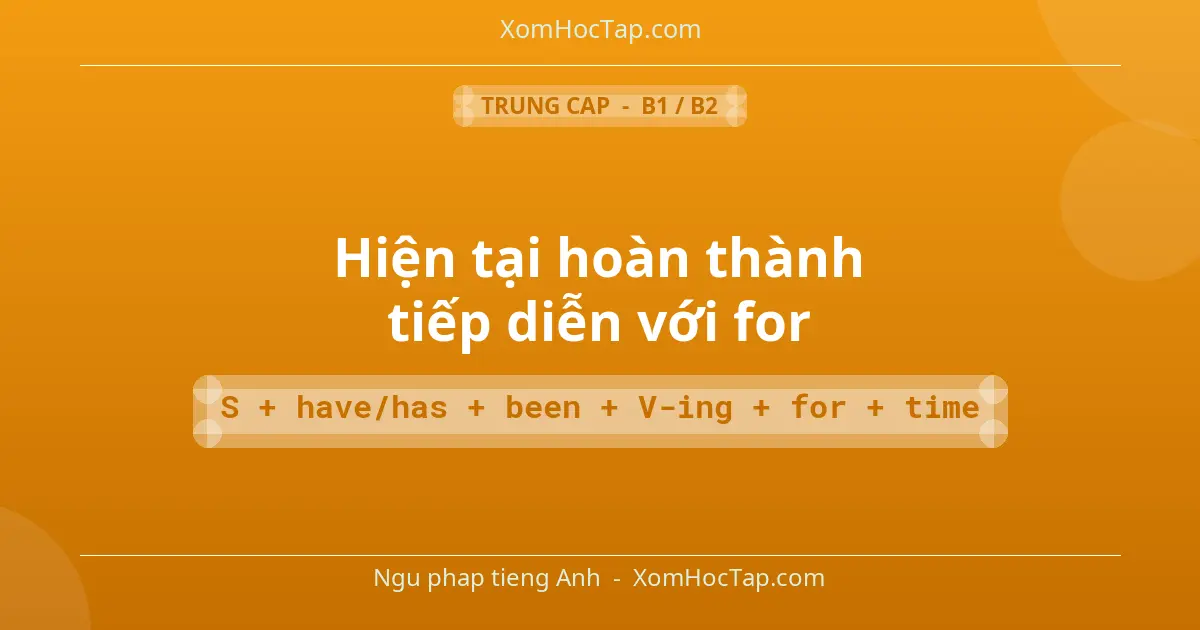 Ngu phap tieng Anh: Hiện tại hoàn thành tiếp diễn với for - Cong thuc: S + have/has + been + V-ing + for + time