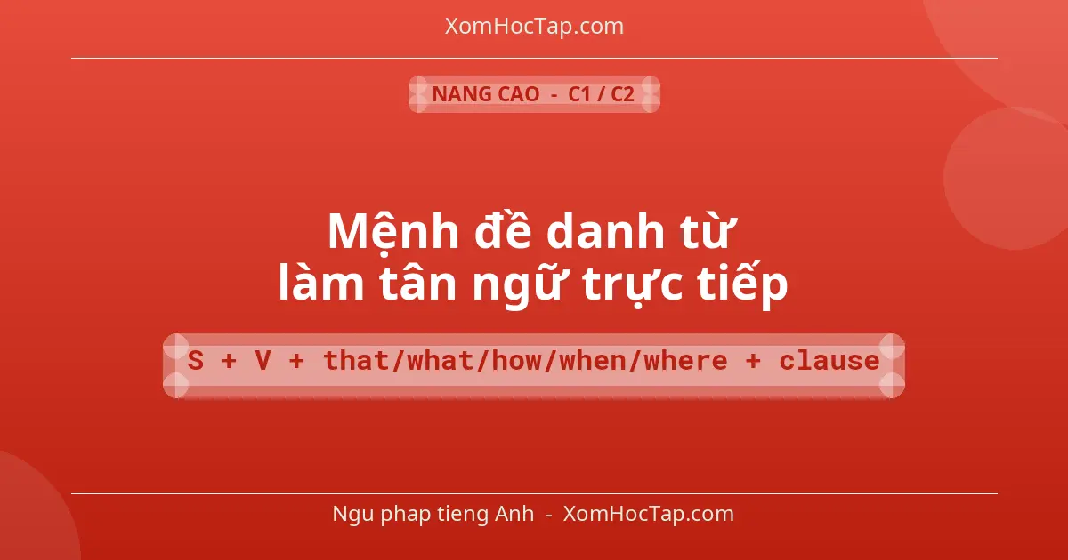 Ngu phap tieng Anh: Mệnh đề danh từ làm tân ngữ trực tiếp - Cong thuc: S + V + that/what/how/when/where + clause