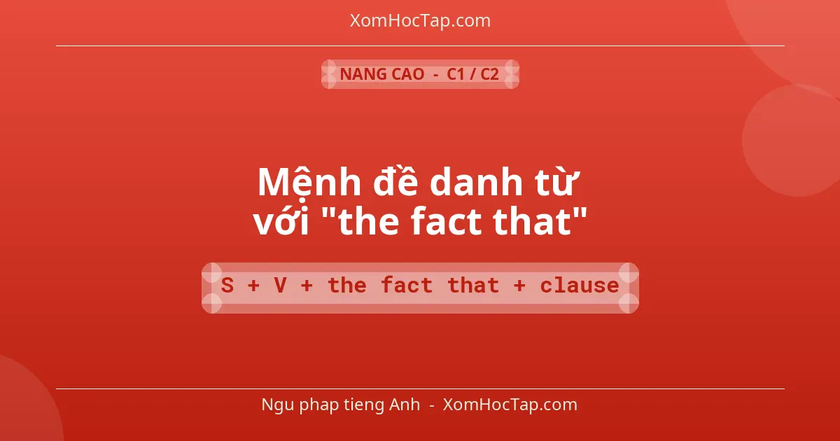 Ngu phap tieng Anh: Mệnh đề danh từ với "the fact that" - Cong thuc: S + V + the fact that + clause
