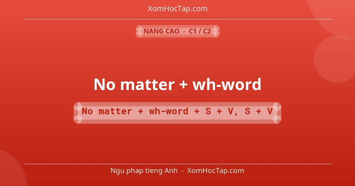 Ngu phap tieng Anh: No matter + wh-word - Cong thuc: No matter + wh-word + S + V, S + V