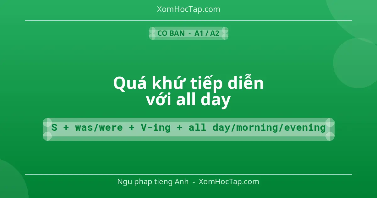 Ngu phap tieng Anh: Quá khứ tiếp diễn với all day - Cong thuc: S + was/were + V-ing + all day/morning/evening
