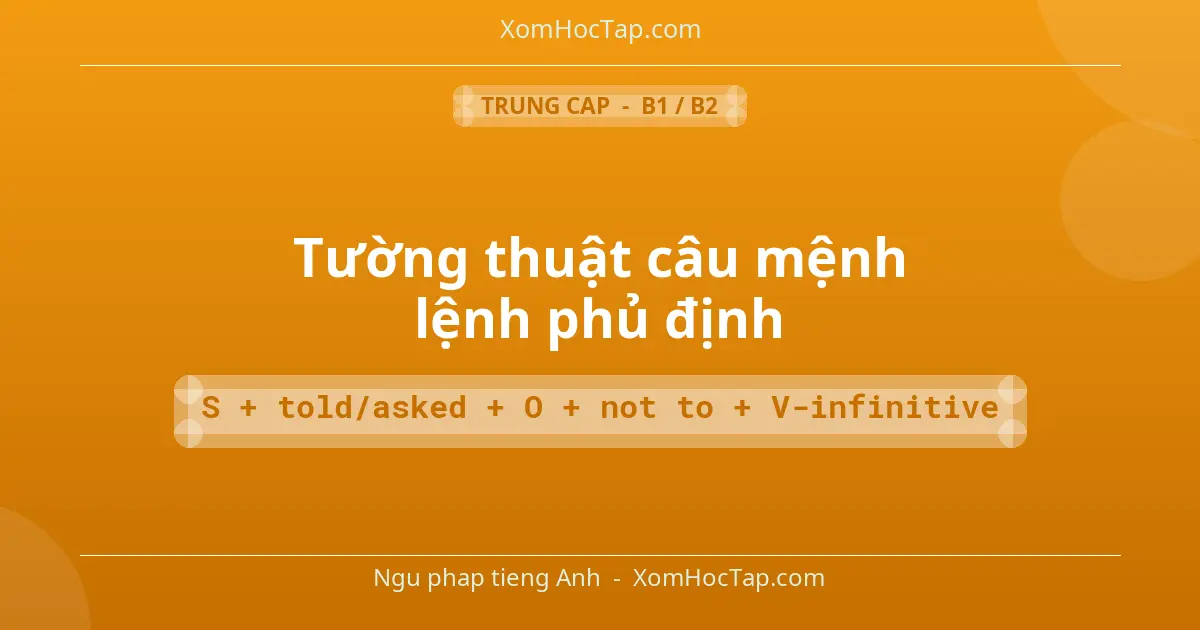 Ngu phap tieng Anh: Tường thuật câu mệnh lệnh phủ định - Cong thuc: S + told/asked + O + not to + V-infinitive