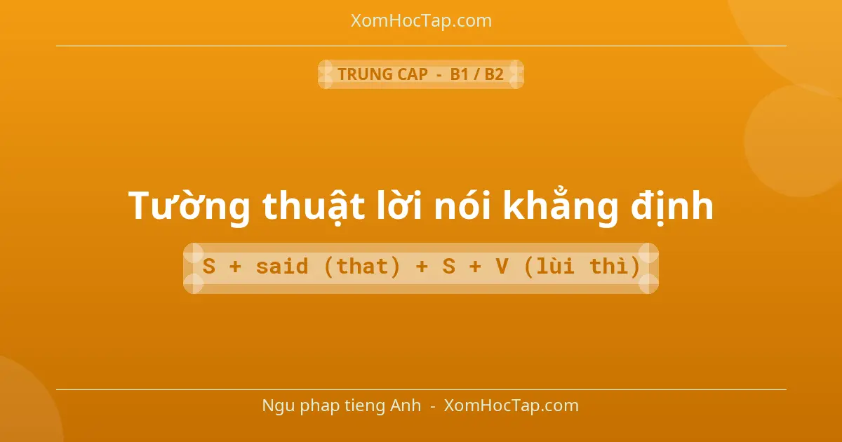 Ngu phap tieng Anh: Tường thuật lời nói khẳng định - Cong thuc: S + said (that) + S + V (lùi thì)