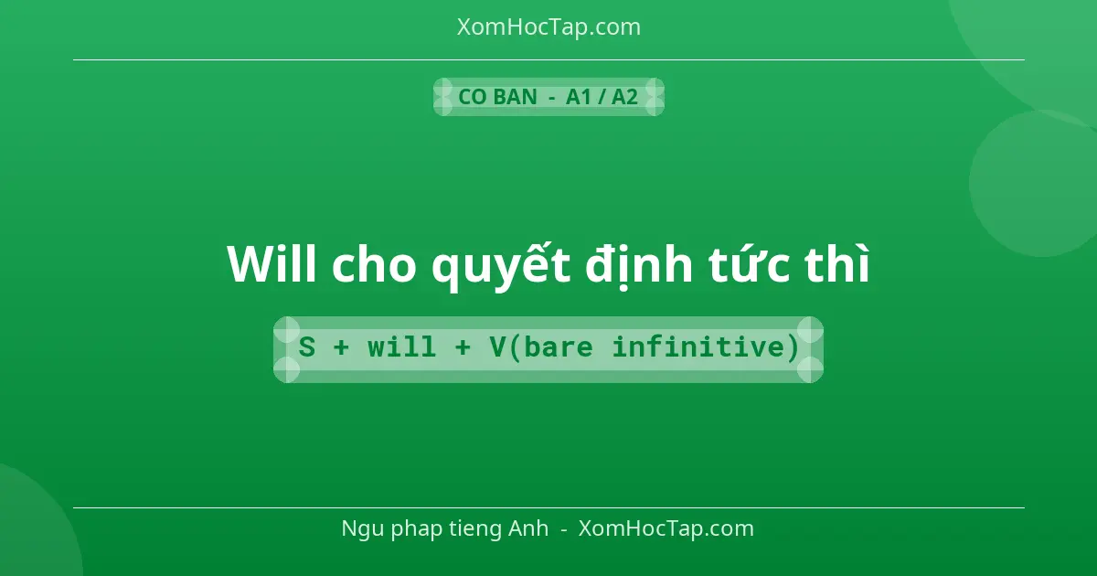 Ngu phap tieng Anh: Will cho quyết định tức thì - Cong thuc: S + will + V(bare infinitive)